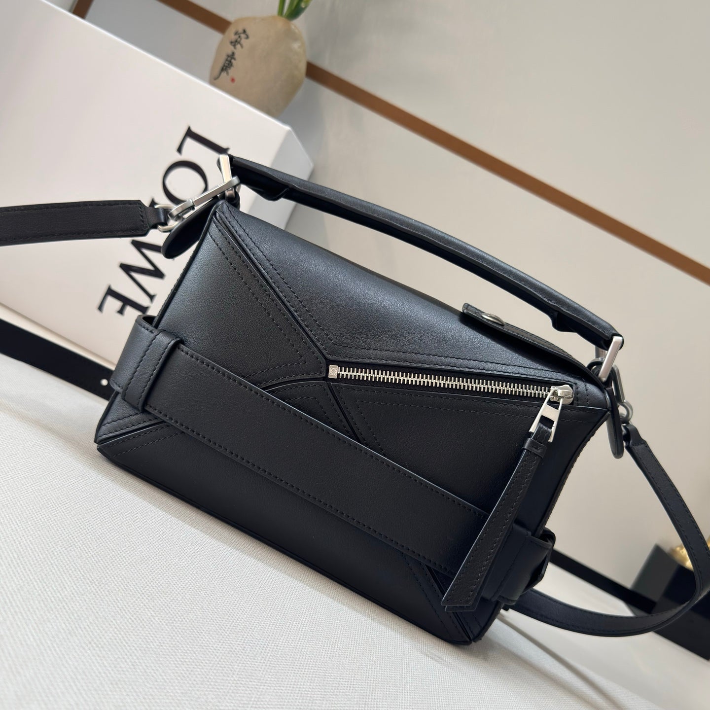 Loew Puzzle Biker Shoulder Bag 24cm Black Cowhide
