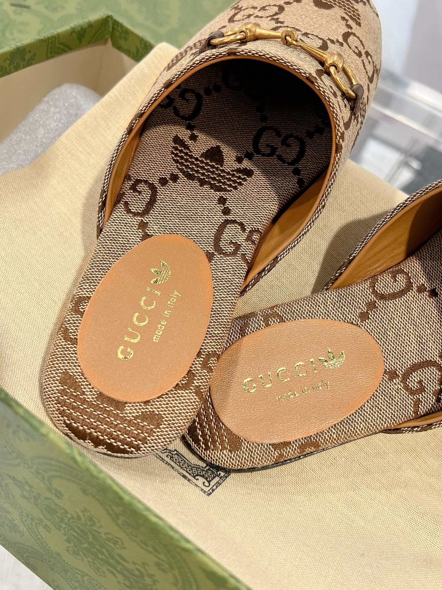 GG & ADIDAS MULE HORSEBIT BUCKLE LIGHT BROWN CANVAS