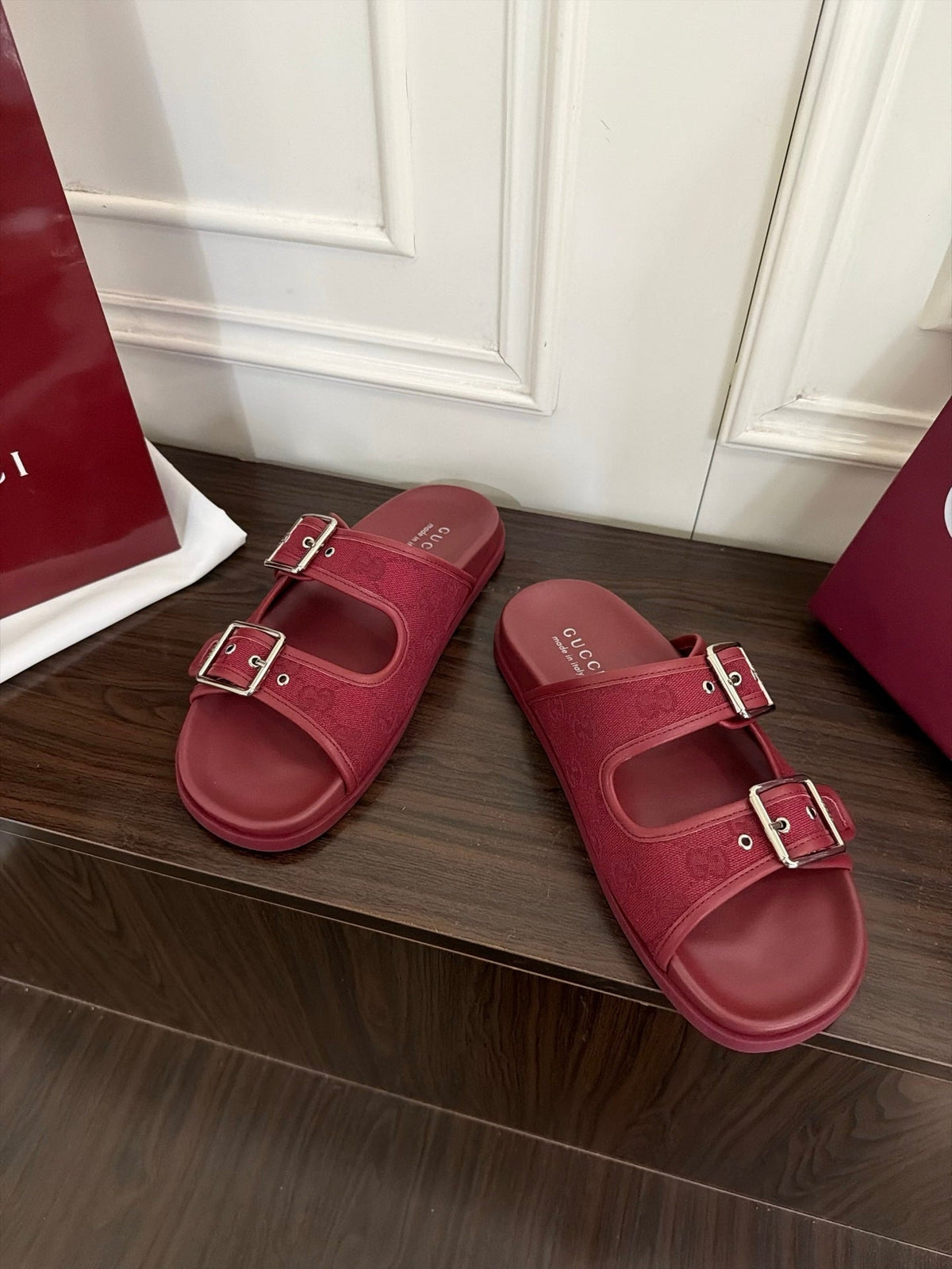 GG 26s Double Buckle Sandals Red Canvas 154153