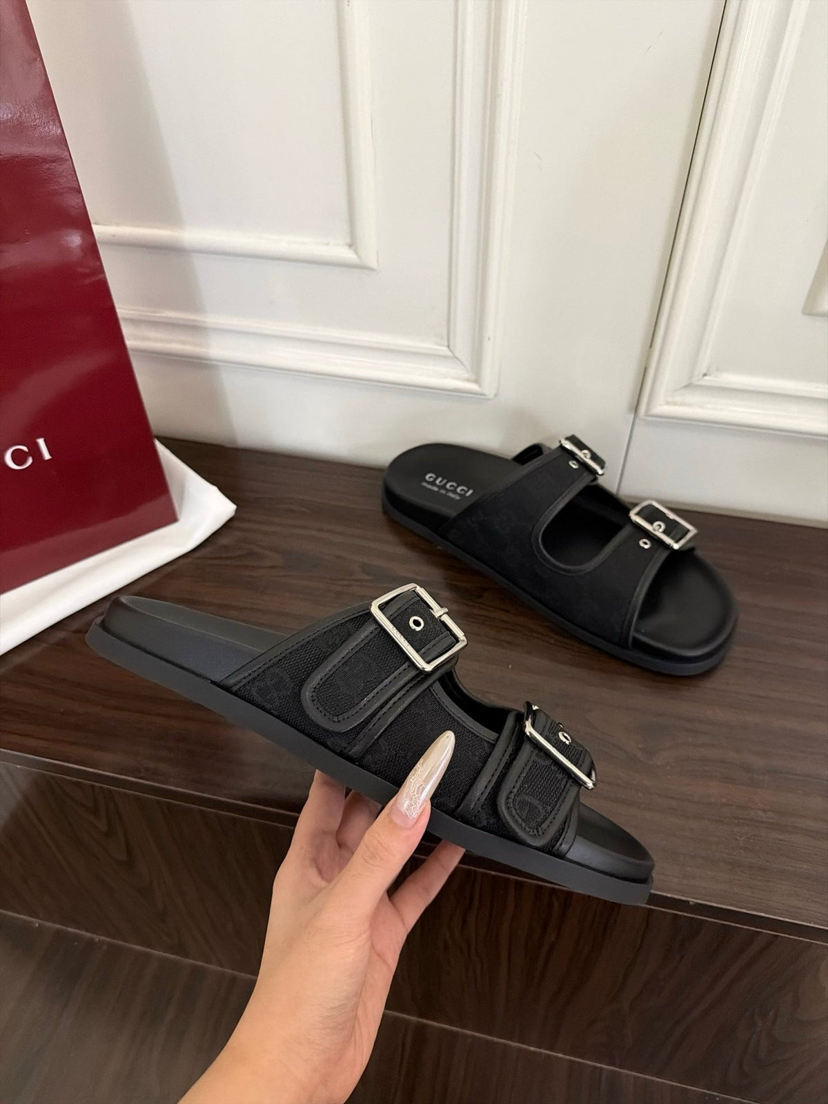 GG 26s Double Buckle Sandals Full Black Canvas 154154
