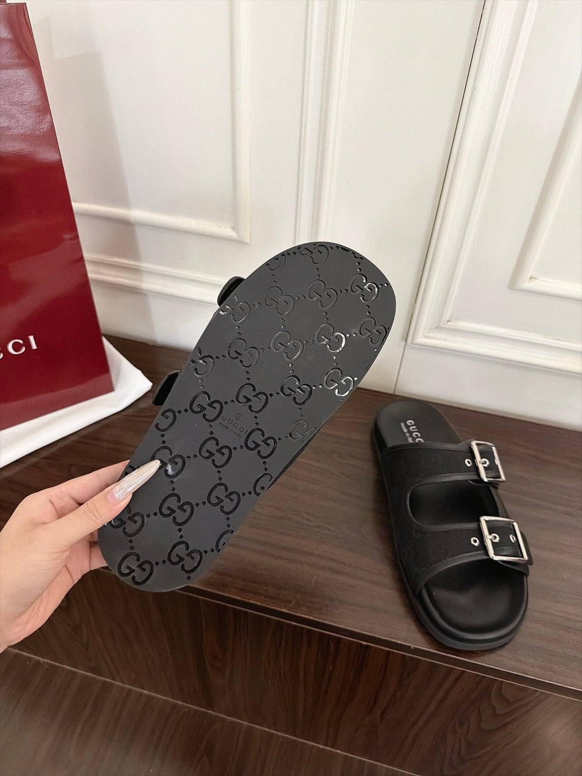 GG 26s Double Buckle Sandals Full Black Canvas 154154
