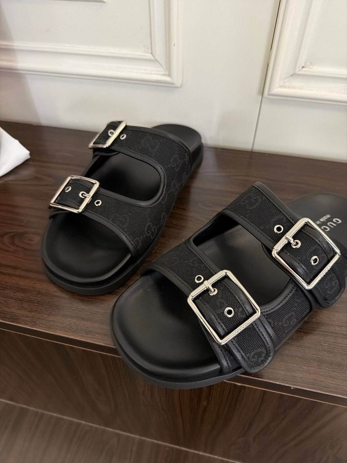 GG 26s Double Buckle Sandals Full Black Canvas 154154