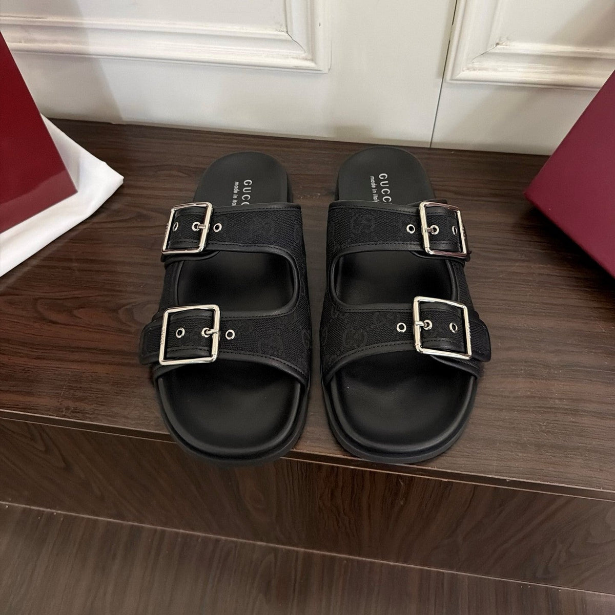 GG 26s Double Buckle Sandals Full Black Canvas 154154