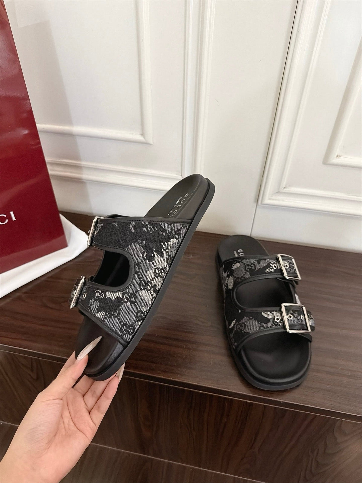 GG 26s Double Buckle Sandals Black Canvas 154157