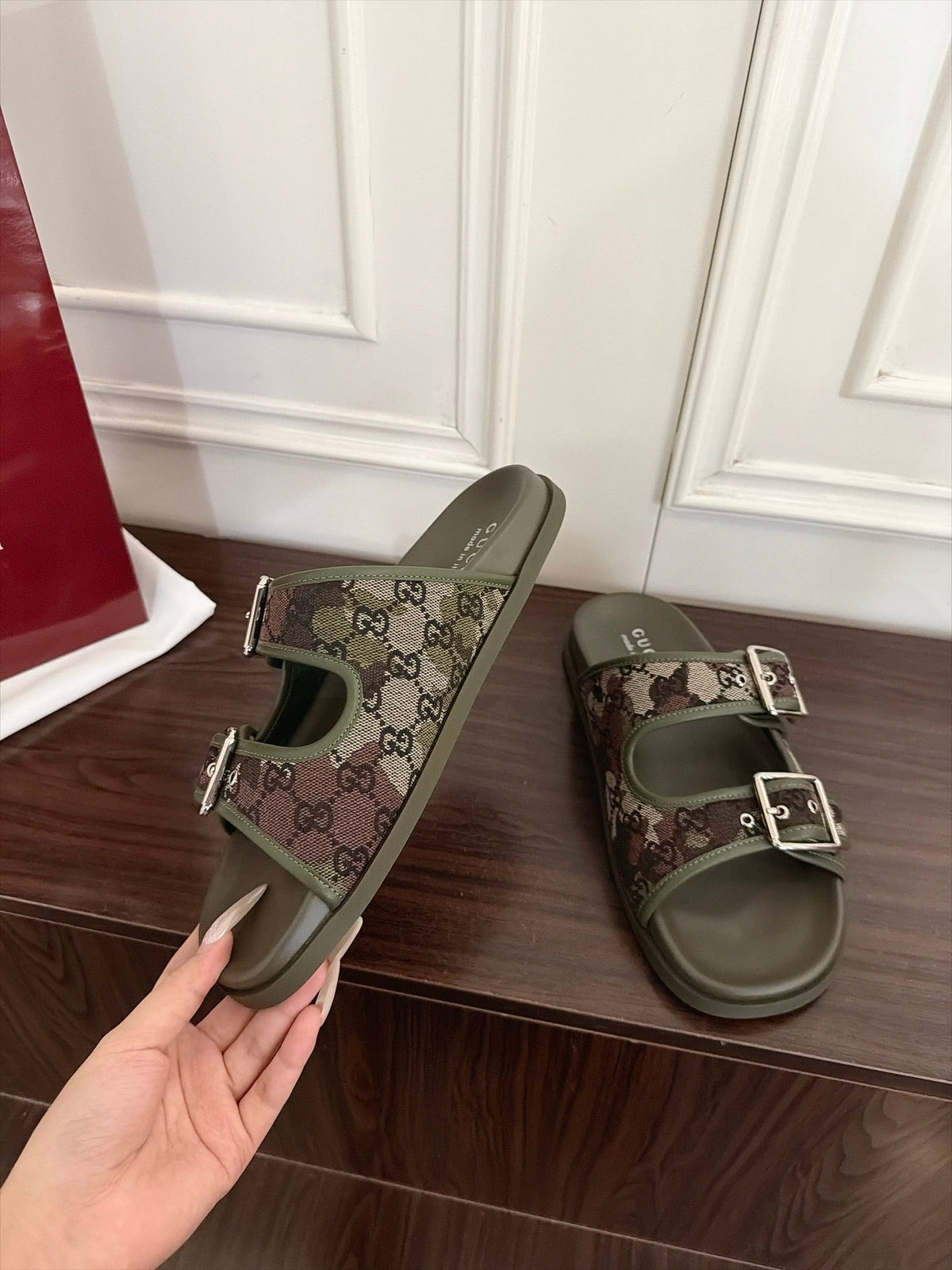 GG 26s Double Buckle Sandals Khaki Green Canvas 154158