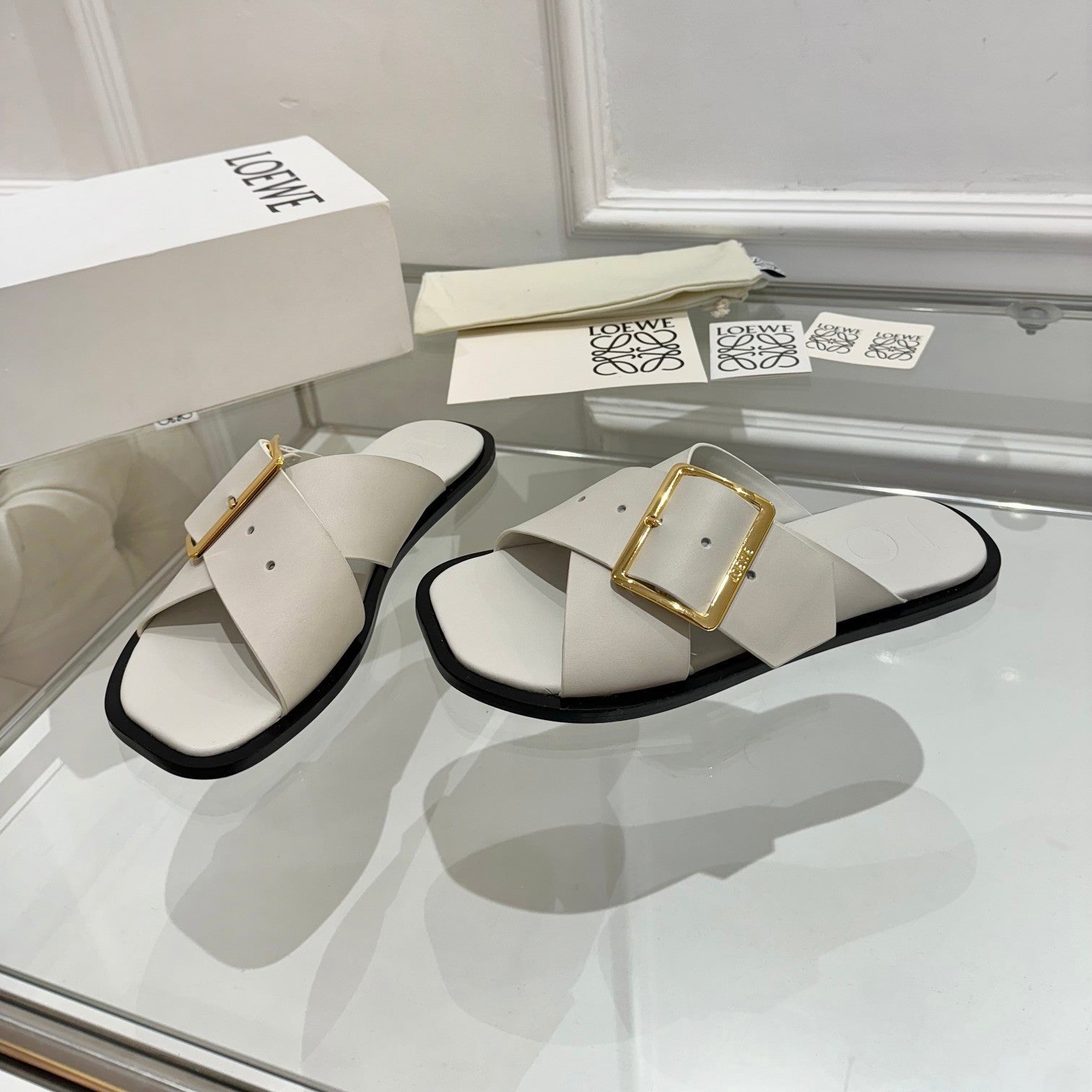 Loewe Petal Buckle Slide Light Grey Leather 881317