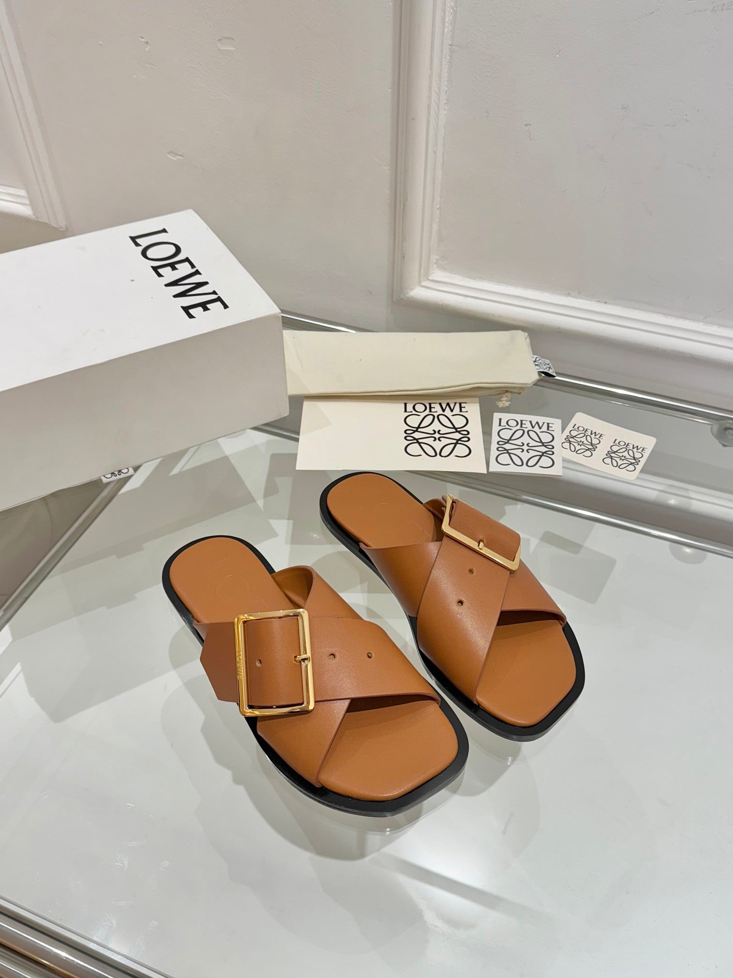Loewe Petal Buckle Slide Tan Brown Leather 881319