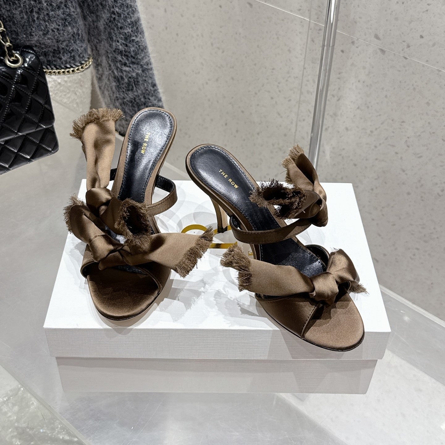 The Row Strap High Heel Mule Sandals 80mm Brown Satin And Black Sheepskin 338379