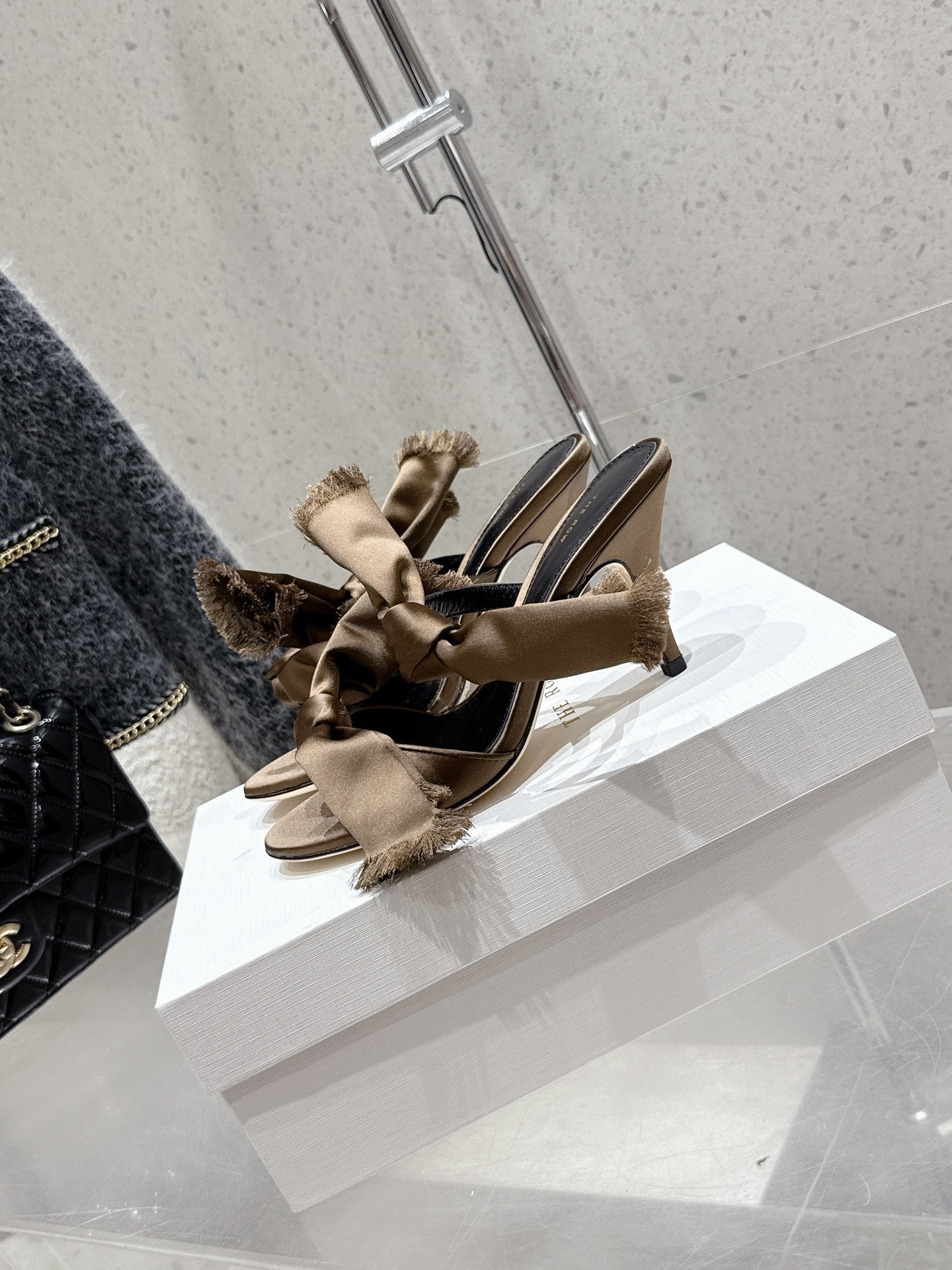 The Row Strap High Heel Mule Sandals 80mm Brown Satin And Black Sheepskin 338379