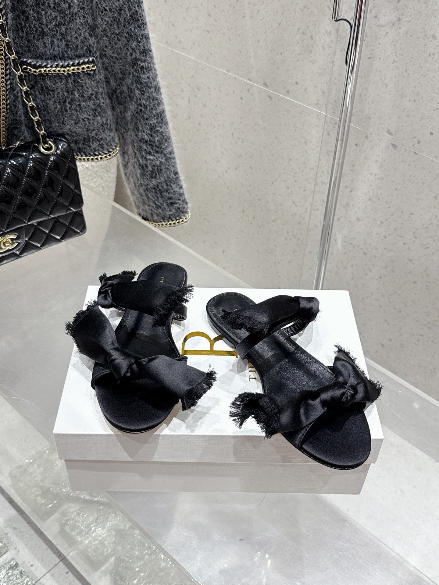 The Row Mule Sandals Black Satin And Sheepskin 338380