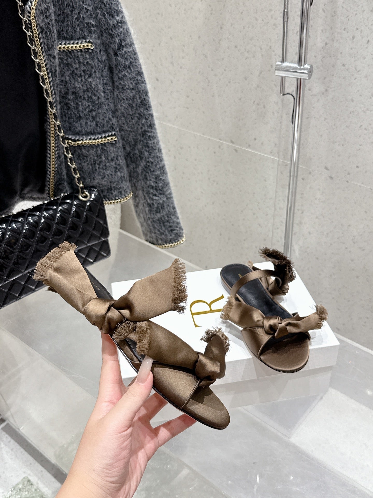 The Row Mule Sandals Brown Satin And Black Sheepskin 338381