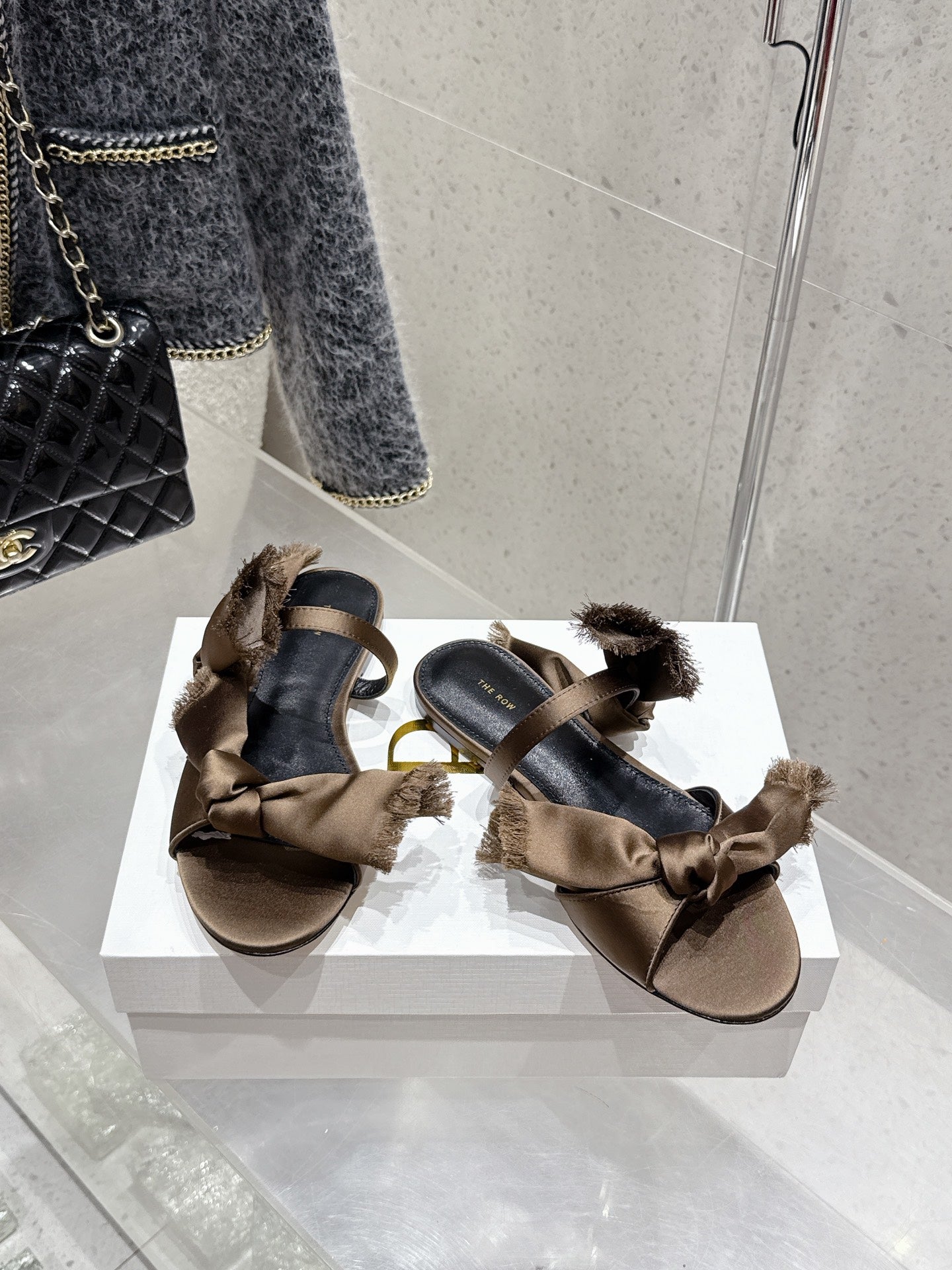 The Row Mule Sandals Brown Satin And Black Sheepskin 338381