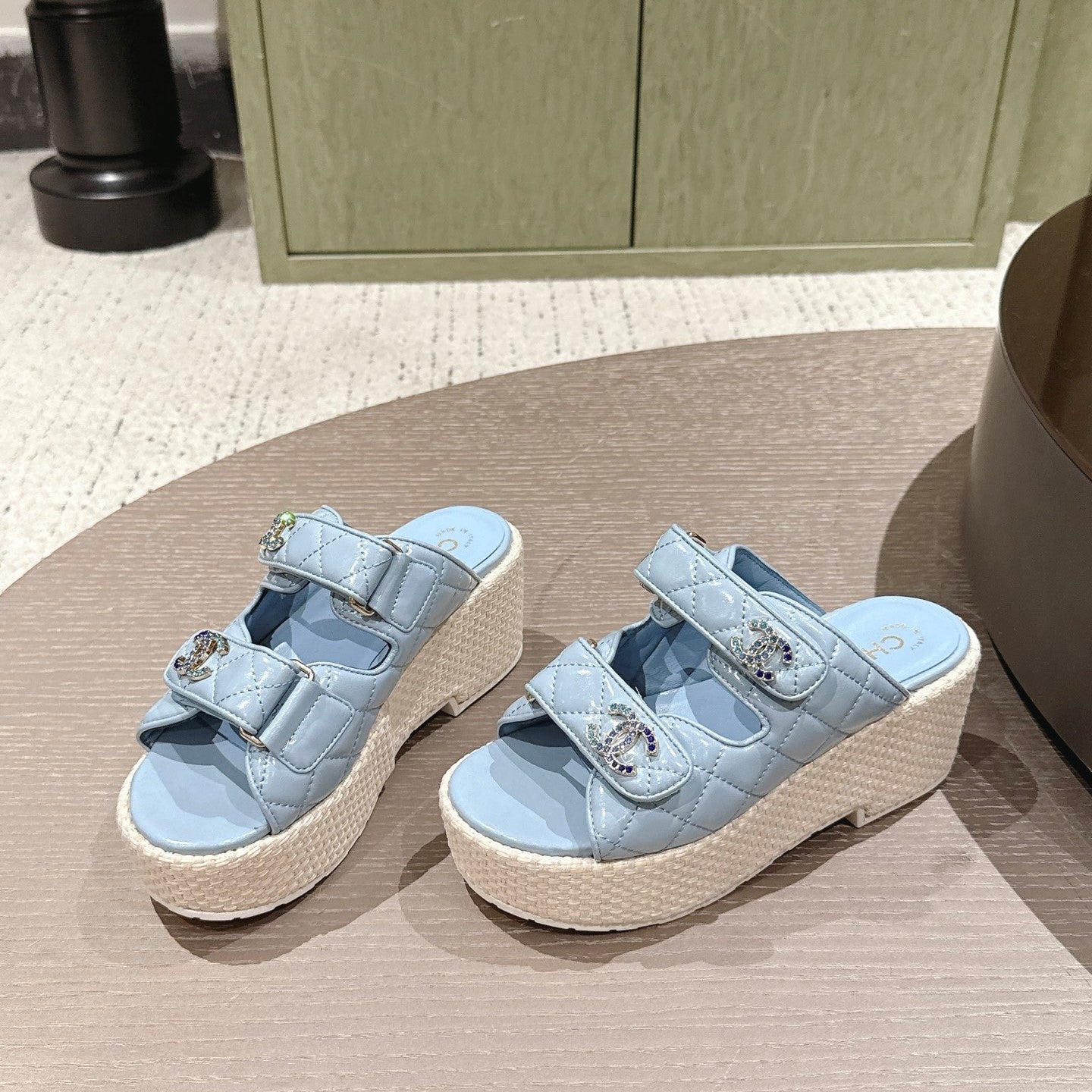 CC 26s Dad Platform Sandal Mule Light Blue Sheepskin 762874