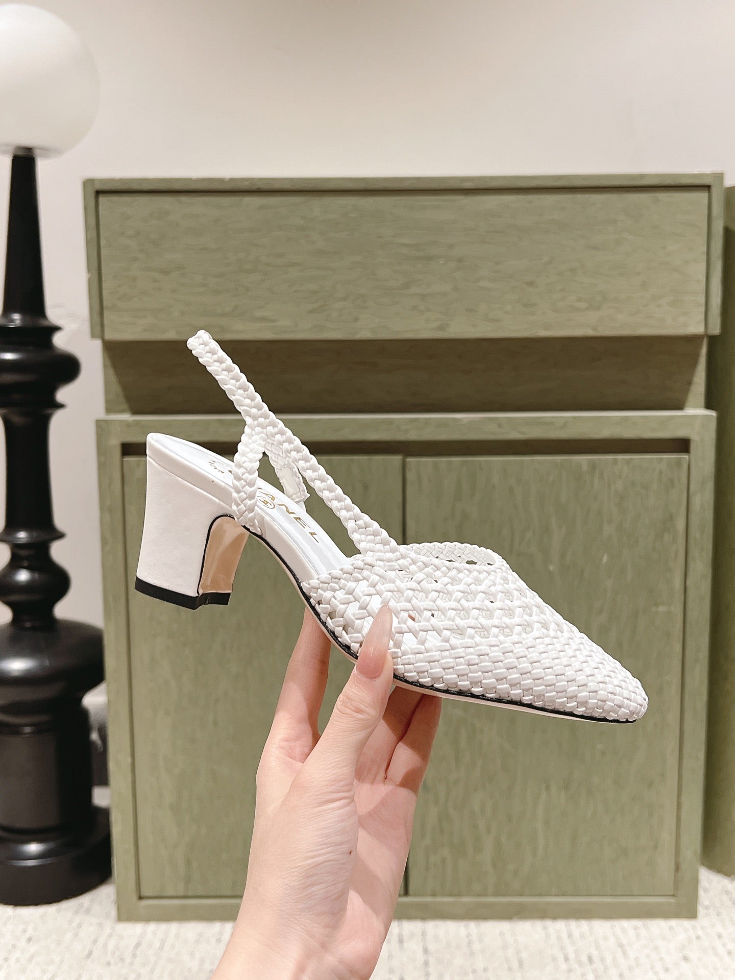 CC 26s Slingback Block Heel White Woven Sheepskin 762817