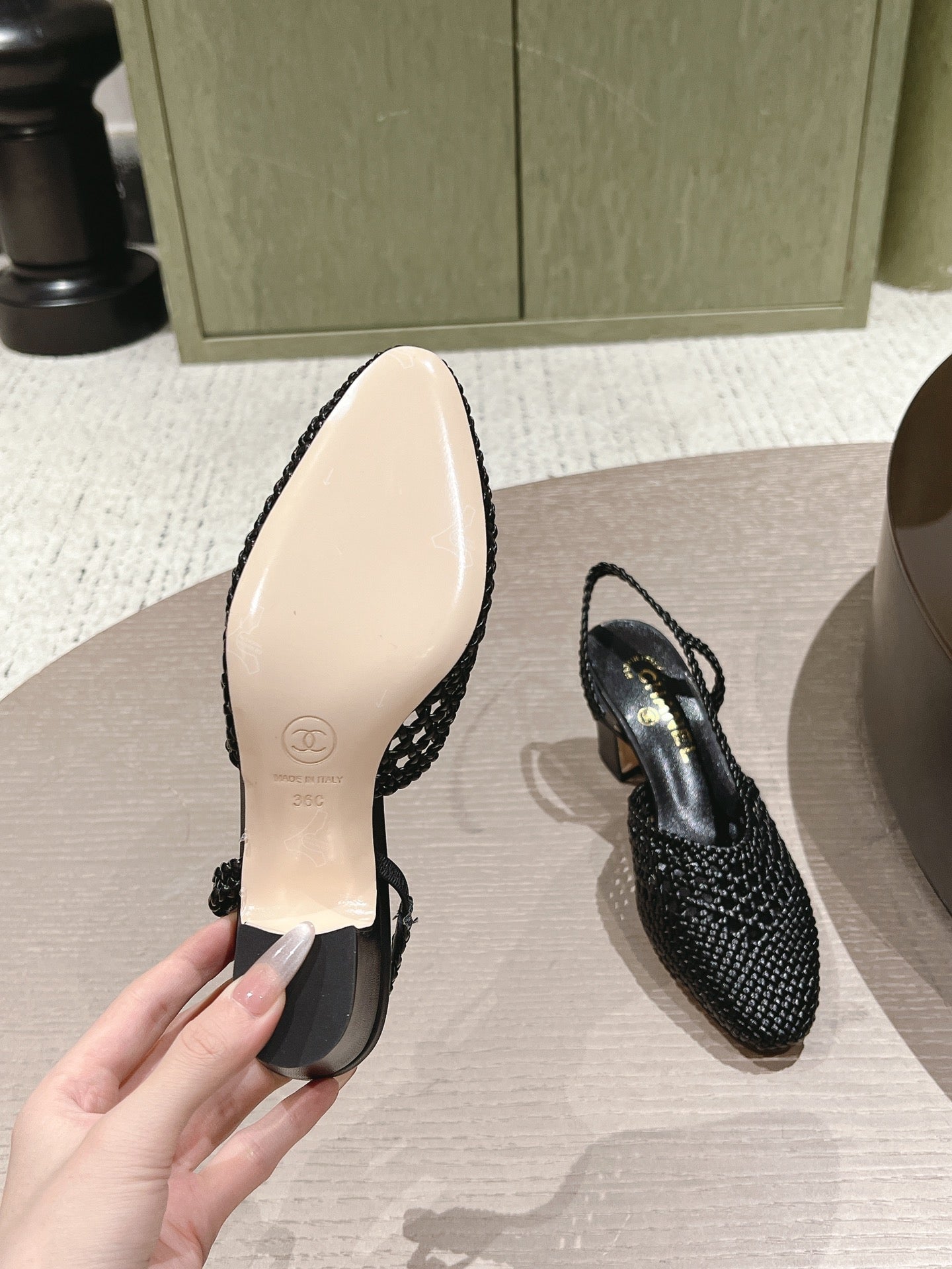 CC 26s Slingback Block Heel Black Woven Sheepskin 762818