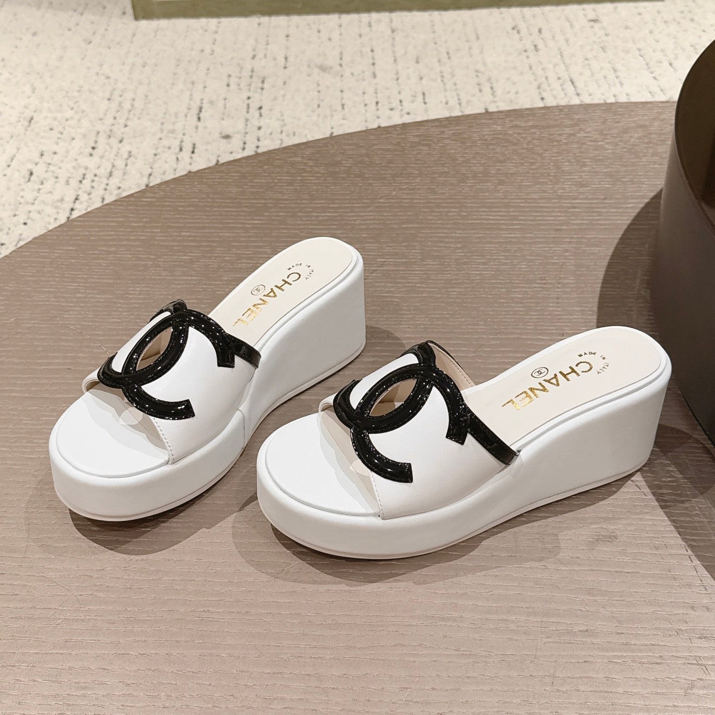 CC 26s Platform Mules Black White Patent Leather Lambskin 916987