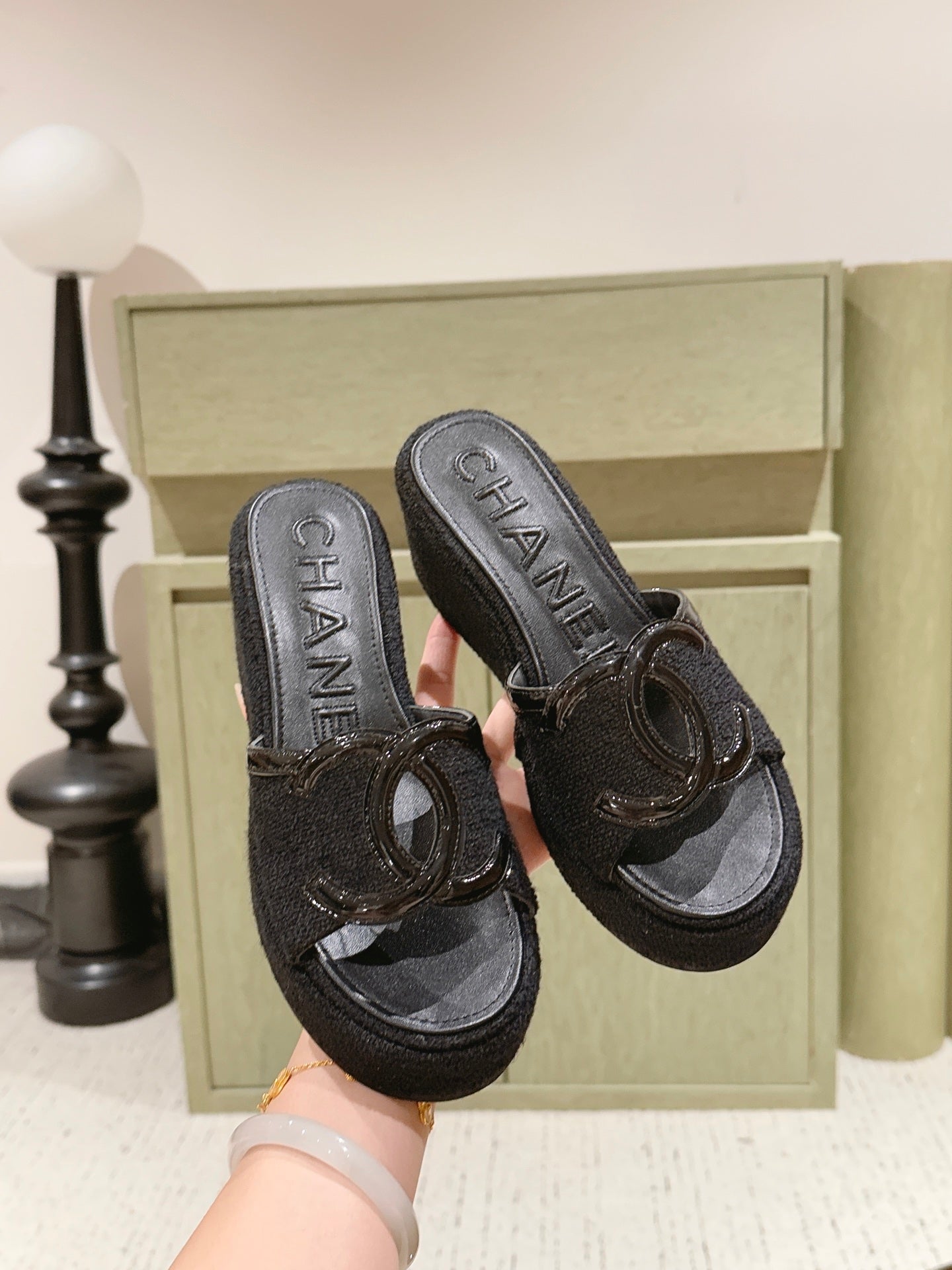 CC 26s Platform Mules Black Lambskin Fabric 916991