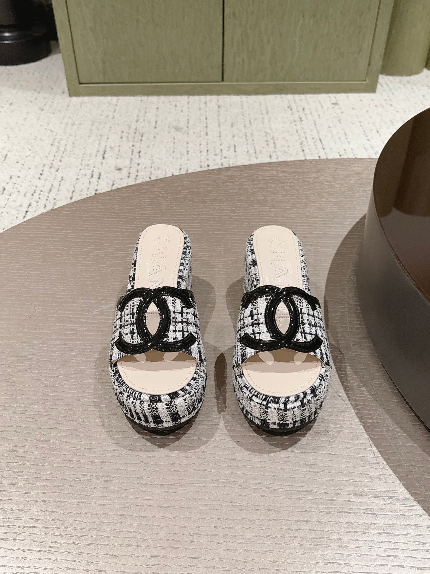 CC 26s Platform Mules Black White Lambskin Fabric 916993