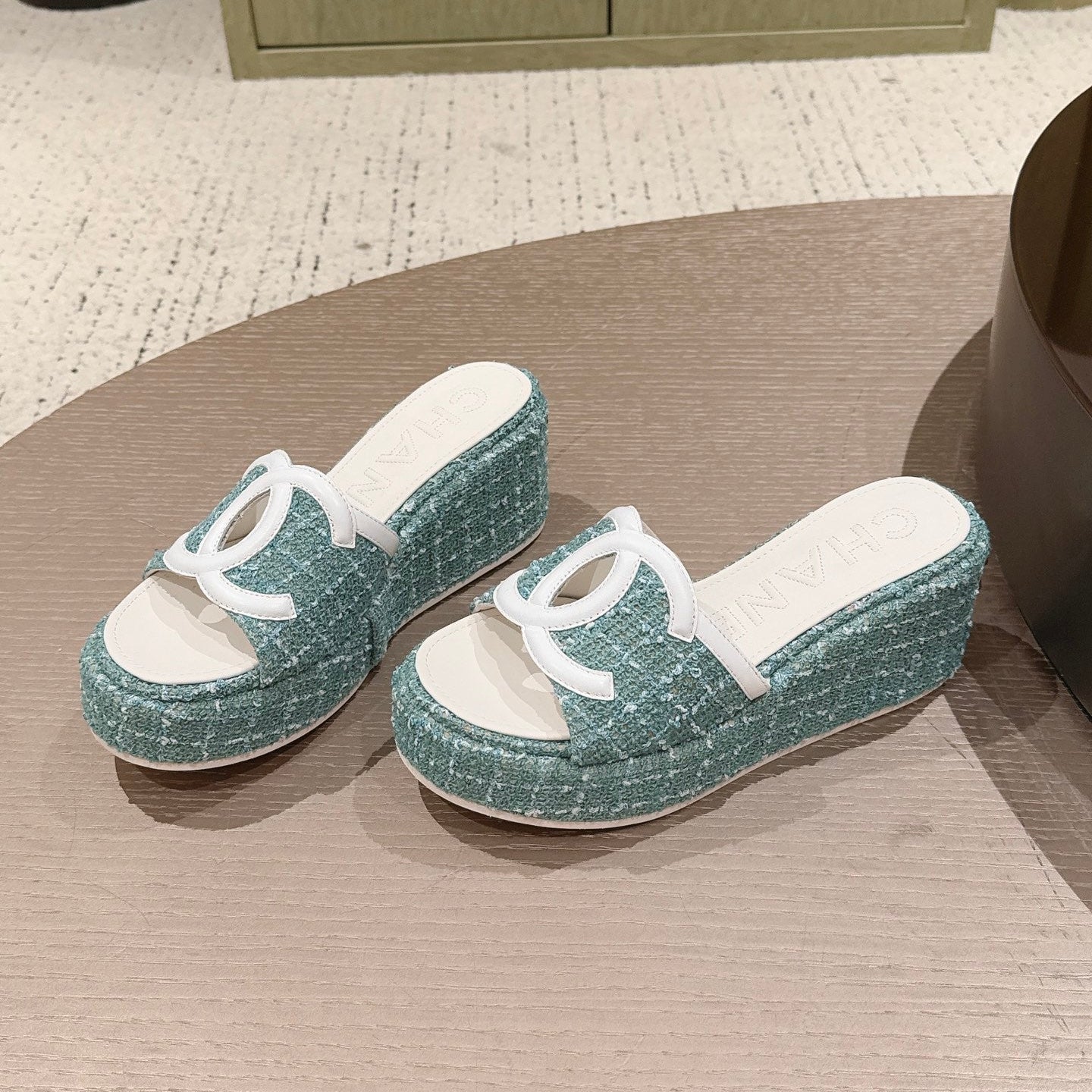 CC 26s Platform Mules Blue Lambskin Fabric 916995