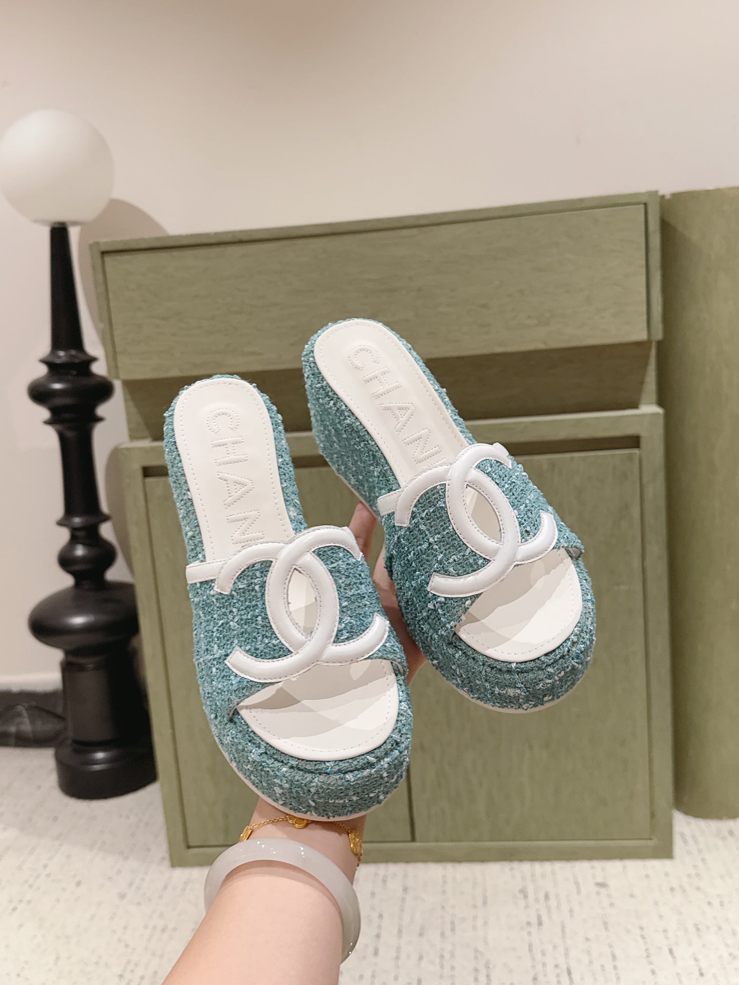 CC 26s Platform Mules Blue Lambskin Fabric 916995
