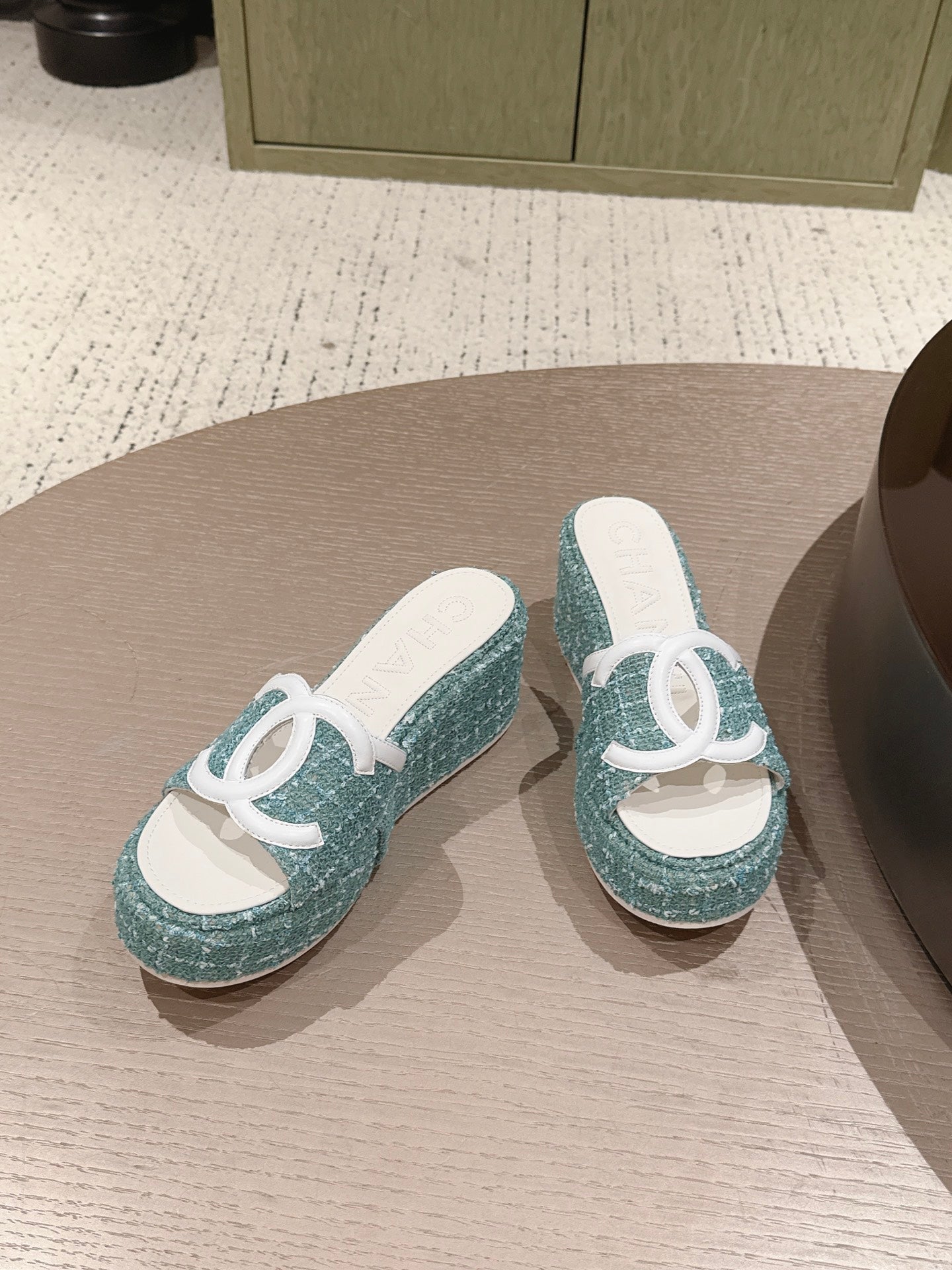 CC 26s Platform Mules Blue Lambskin Fabric 916995