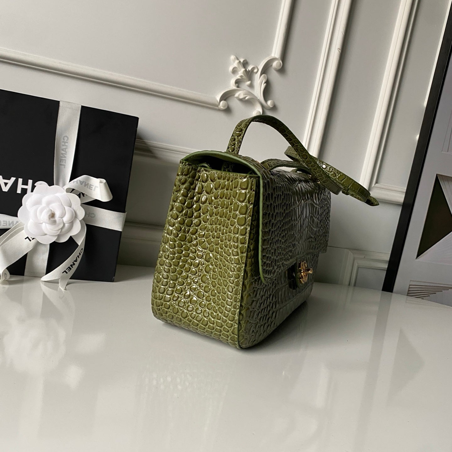 CC Croc Embossed Flap Bag 32cm Olive Imported Leather