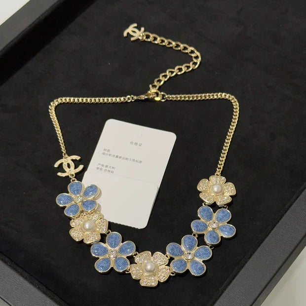 Chanel 2026 Denim Enamel Crystal Light Gold Double C Full Diamond Flower Pearl Necklace