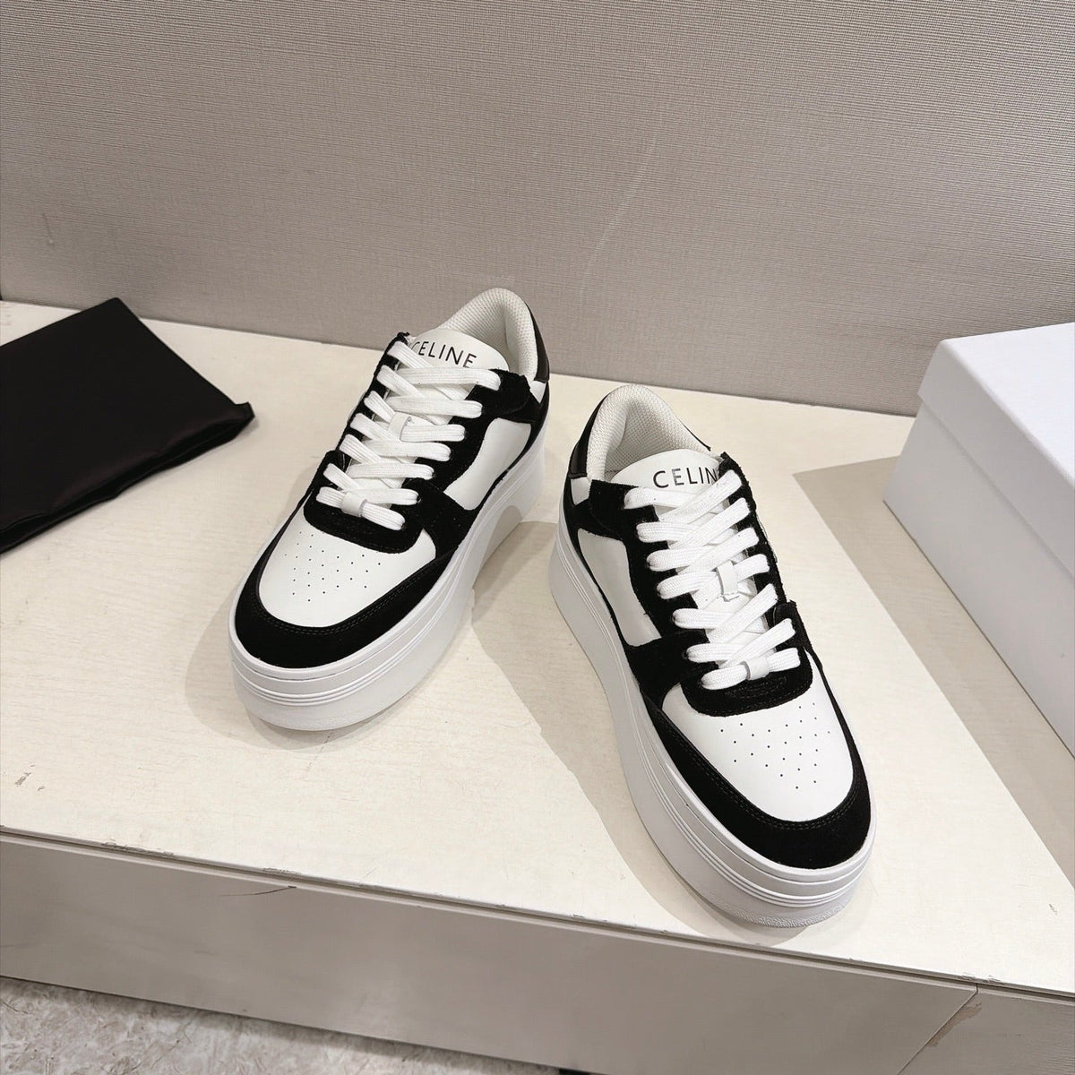 Celine 26s Block Wedge Sneakers Black White Suede Calfskin 101093