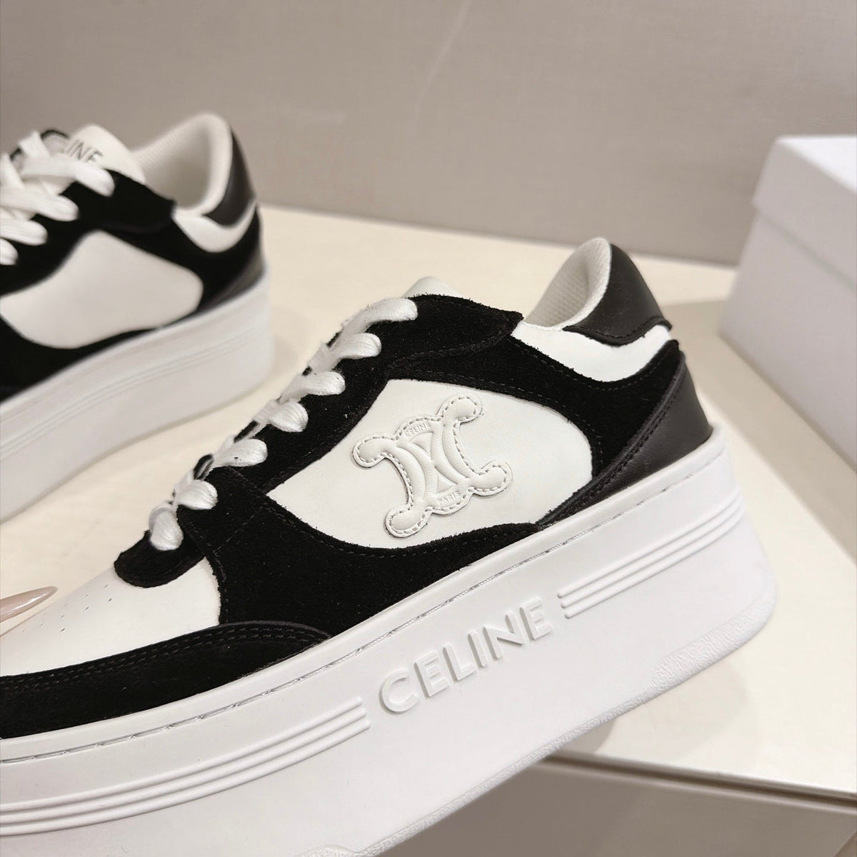 Celine 26s Block Wedge Sneakers Black White Suede Calfskin 101093