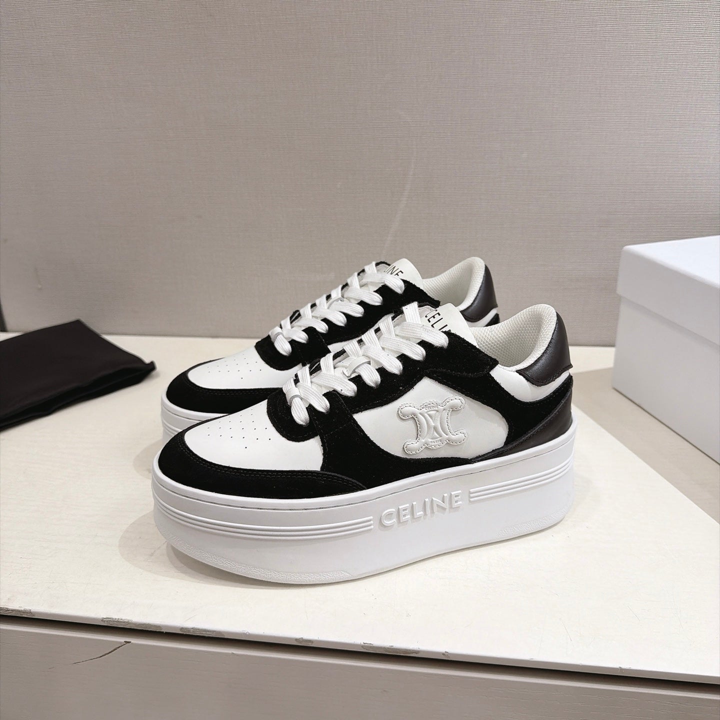 Celine 26s Block Wedge Sneakers Black White Suede Calfskin 101093