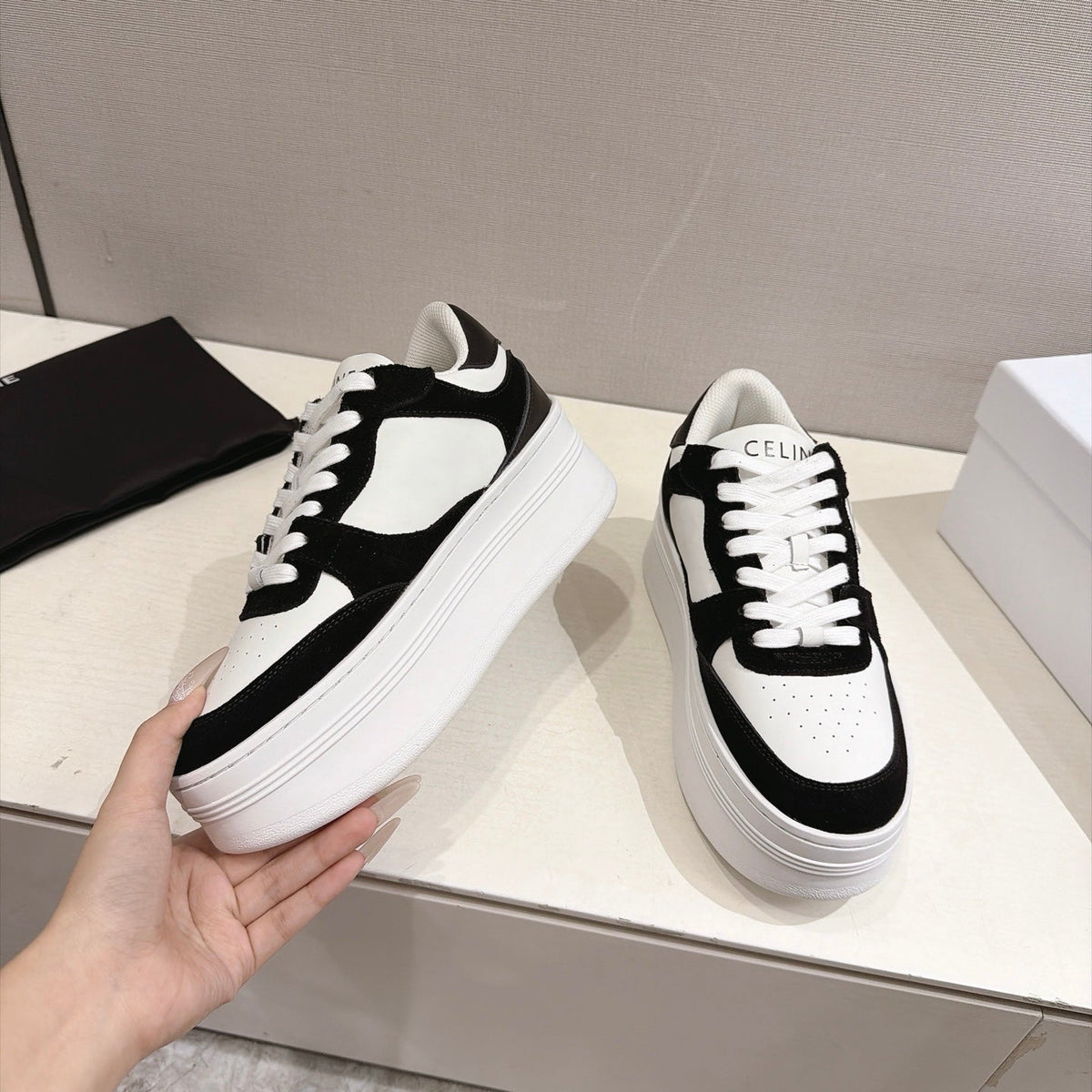 Celine 26s Block Wedge Sneakers Black White Suede Calfskin 101093