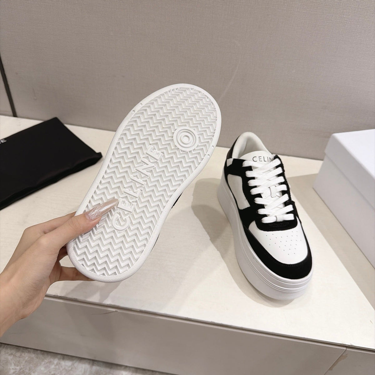 Celine 26s Block Wedge Sneakers Black White Suede Calfskin 101093