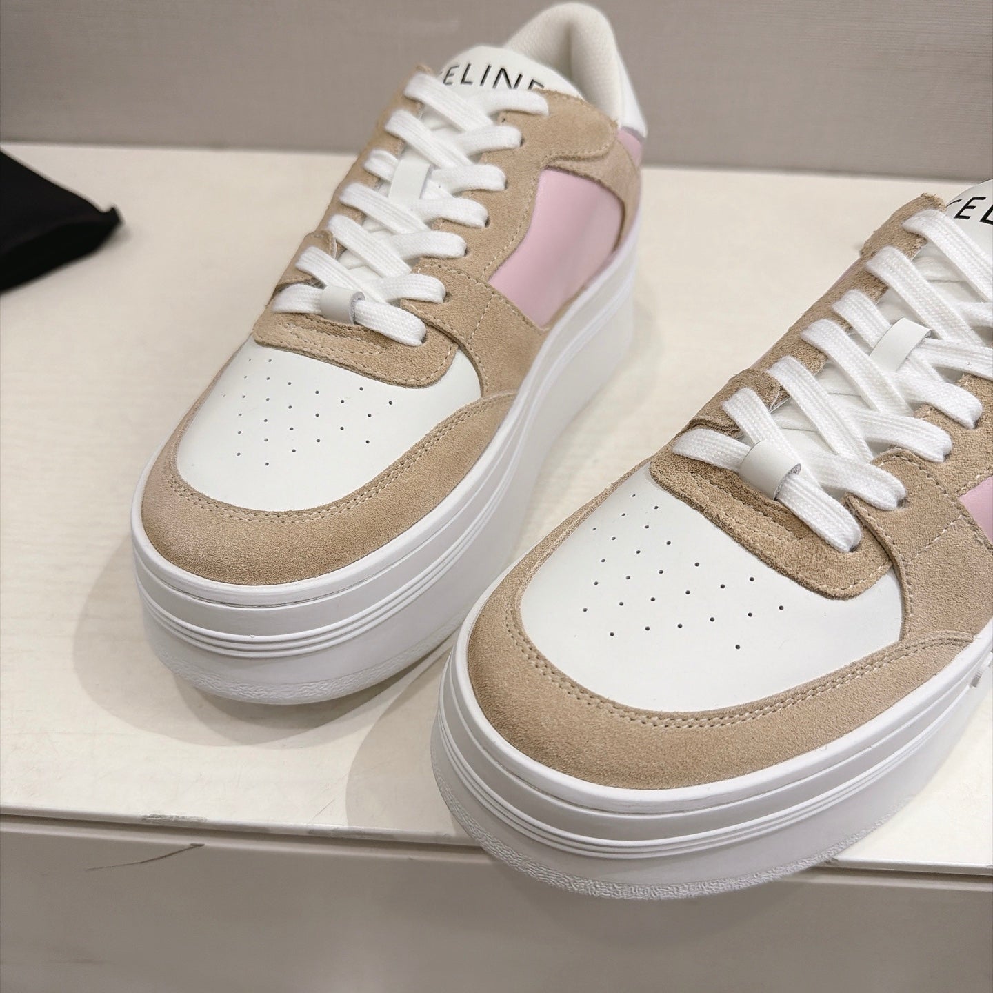Celine 26s Block Wedge Sneakers Brown White Pink Suede Calfskin 101094