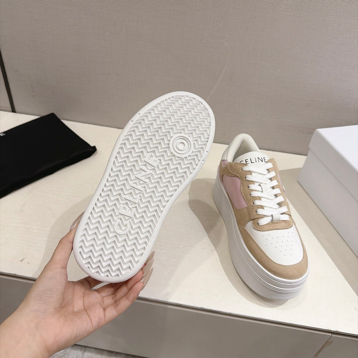 Celine 26s Block Wedge Sneakers Brown White Pink Suede Calfskin 101094