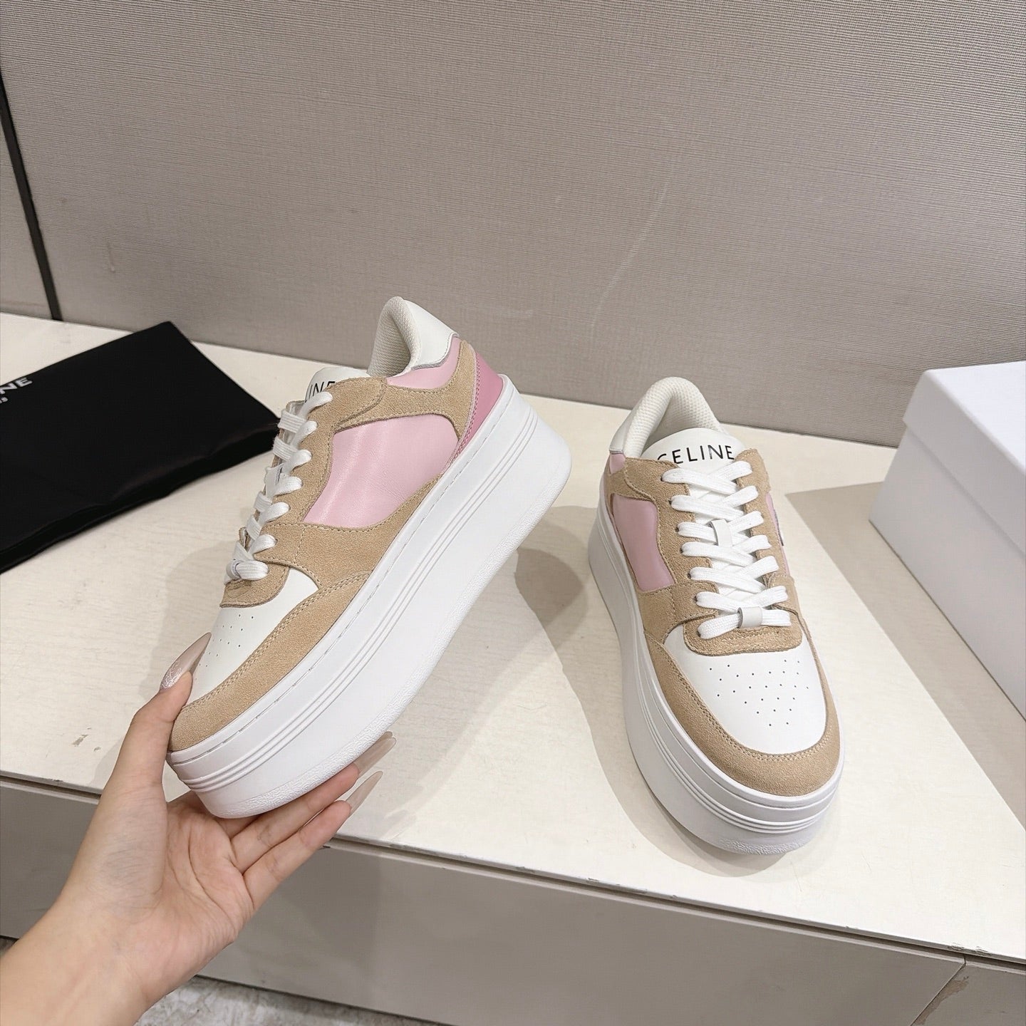 Celine 26s Block Wedge Sneakers Brown White Pink Suede Calfskin 101094
