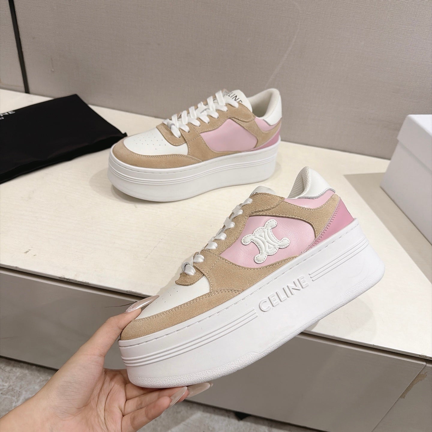 Celine 26s Block Wedge Sneakers Brown White Pink Suede Calfskin 101094