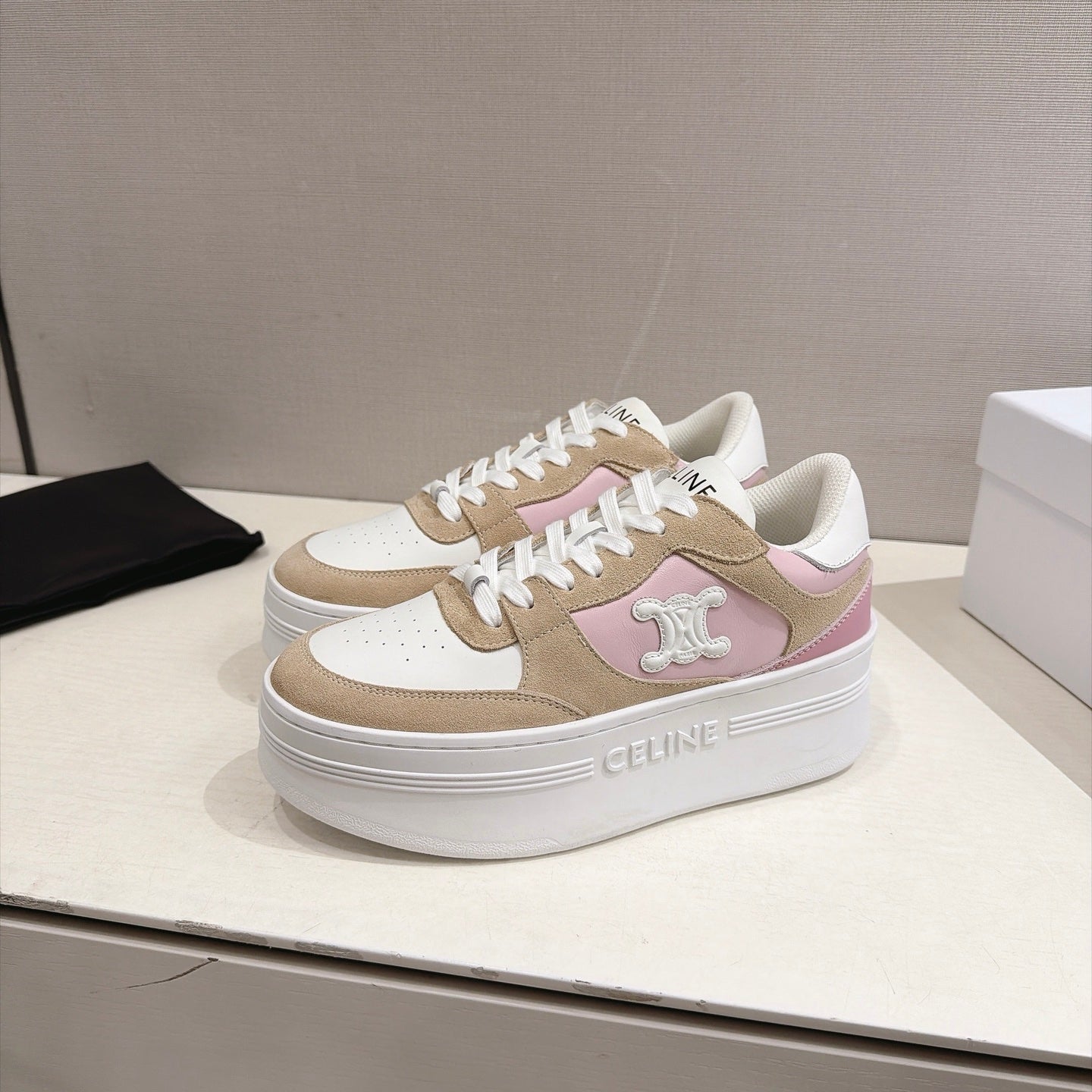 Celine 26s Block Wedge Sneakers Brown White Pink Suede Calfskin 101094