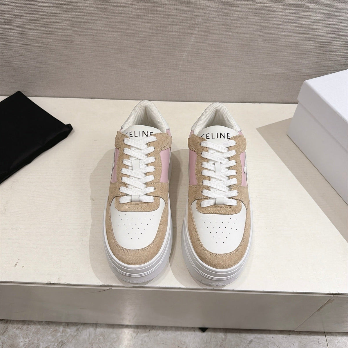 Celine 26s Block Wedge Sneakers Brown White Pink Suede Calfskin 101094