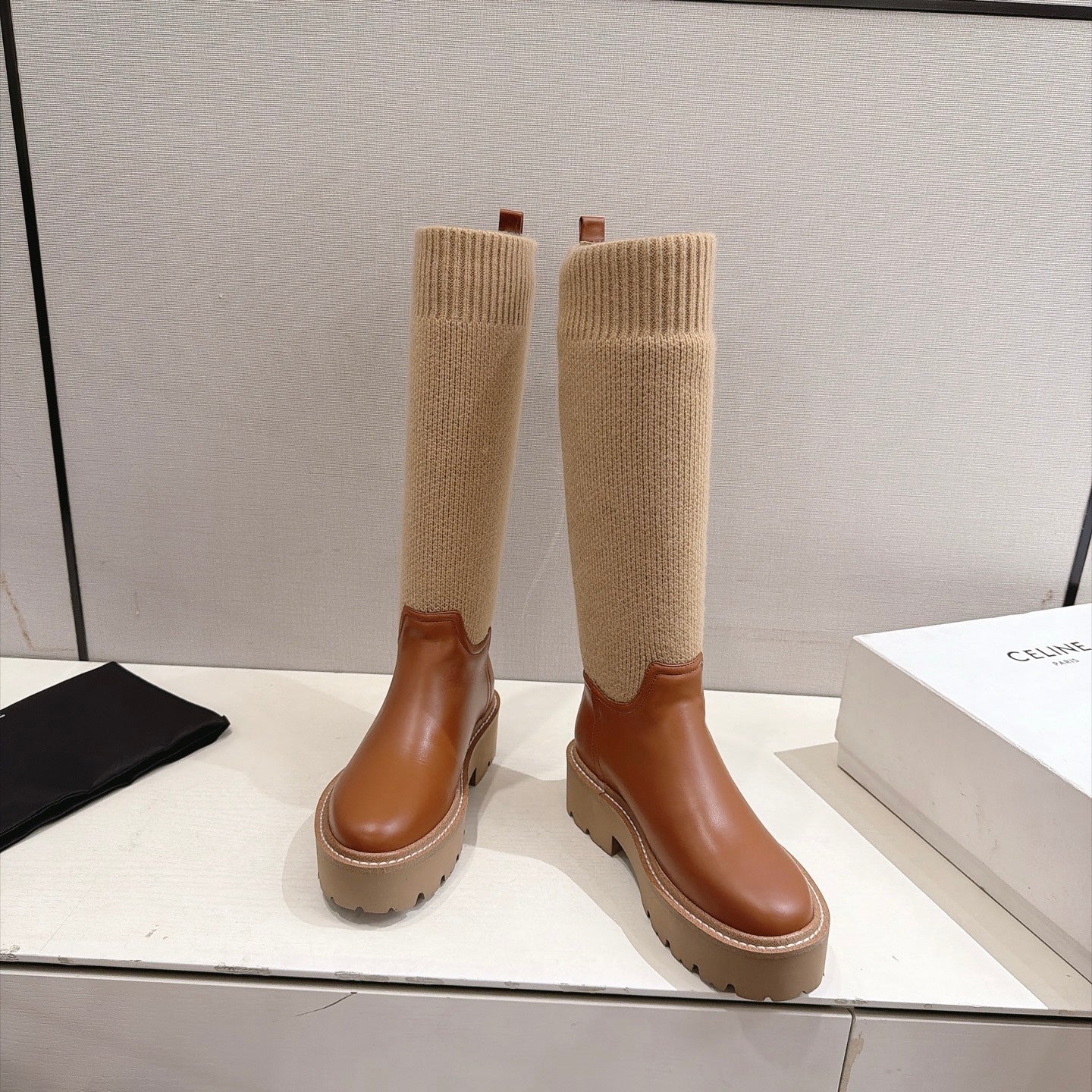 Celine 26s Sock Long Boots Brown Lambskin Cotton 101096