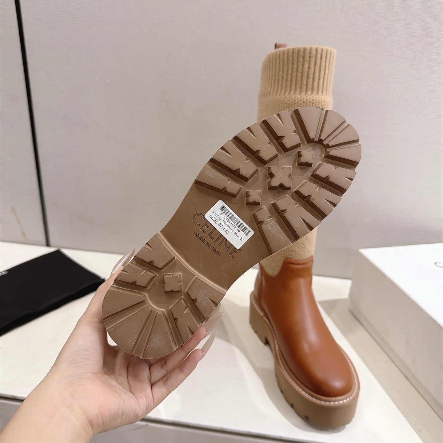 Celine 26s Sock Long Boots Brown Lambskin Cotton 101096