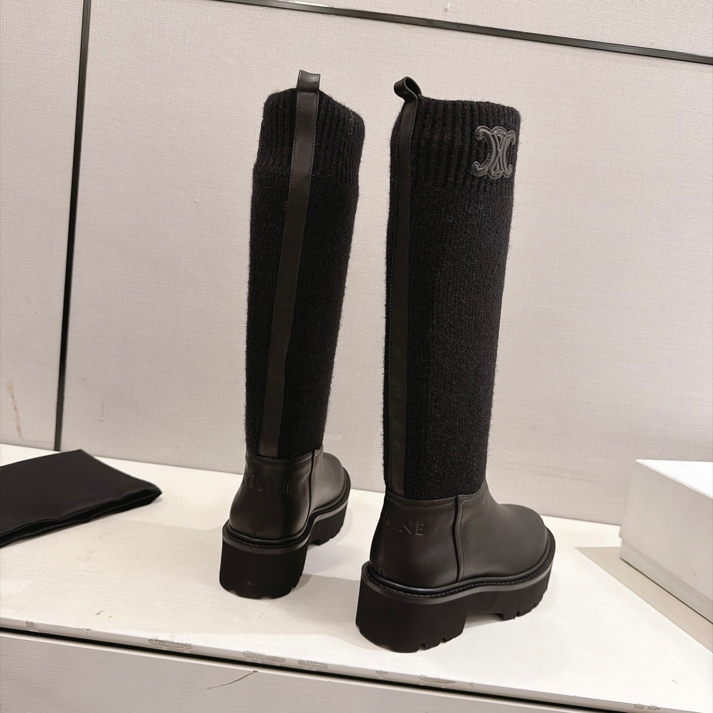 Celine 26s Sock Long Boots Black Lambskin Cotton 101097