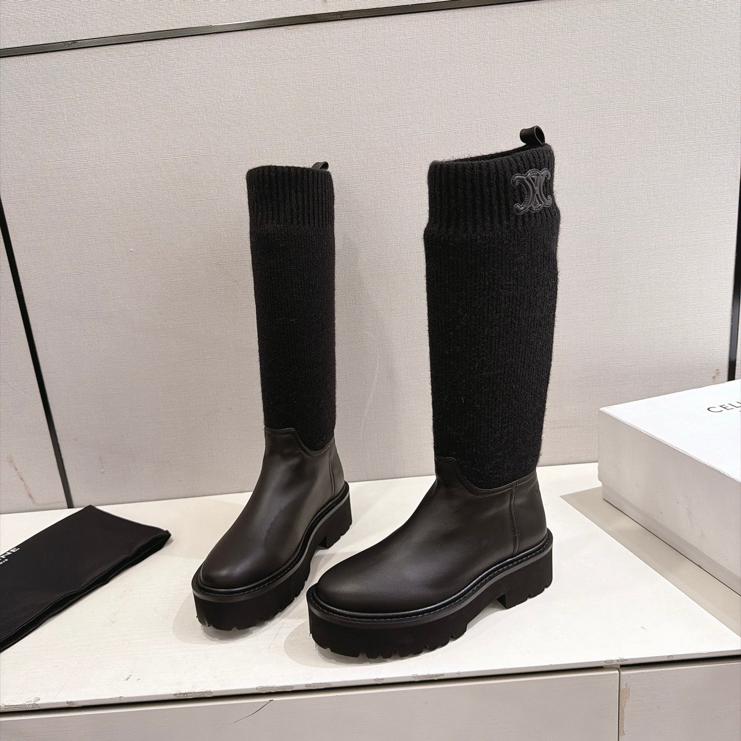 Celine 26s Sock Long Boots Black Lambskin Cotton 101097