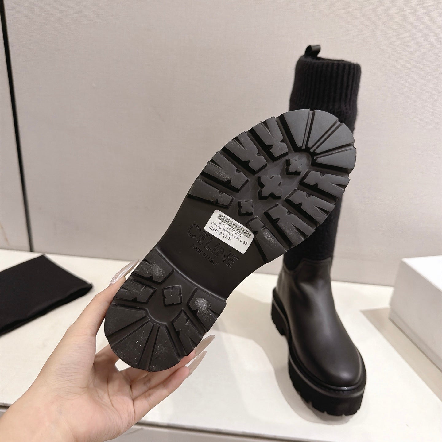 Celine 26s Sock Long Boots Black Lambskin Cotton 101097