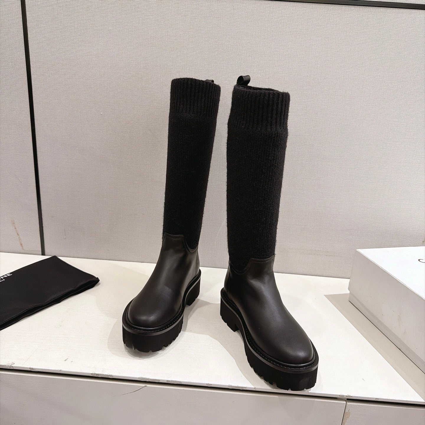 Celine 26s Sock Long Boots Black Lambskin Cotton 101097