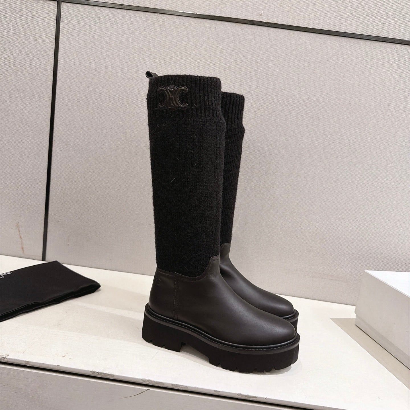 Celine 26s Sock Long Boots Black Lambskin Cotton 101097