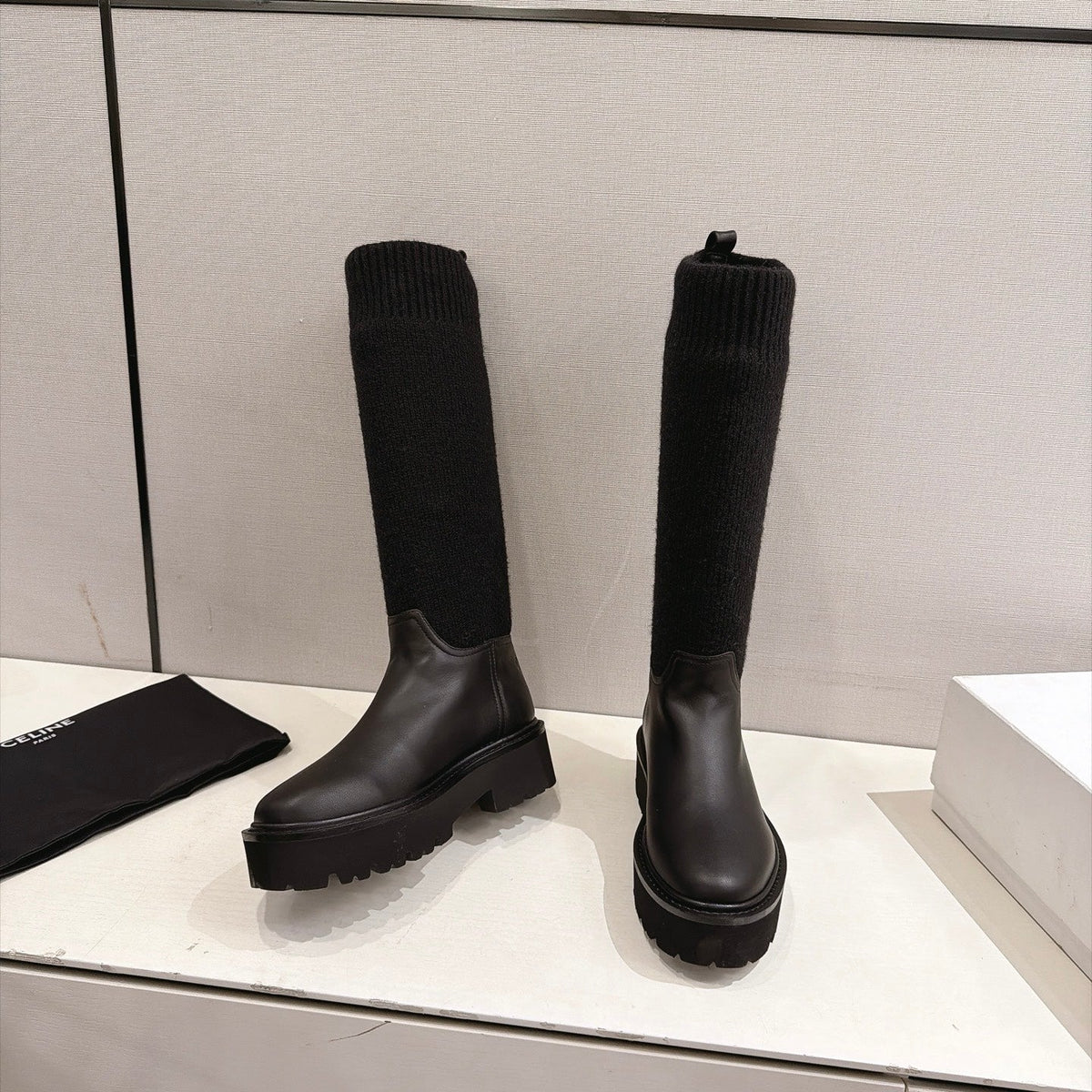 Celine 26s Sock Long Boots Black Lambskin Cotton 101097