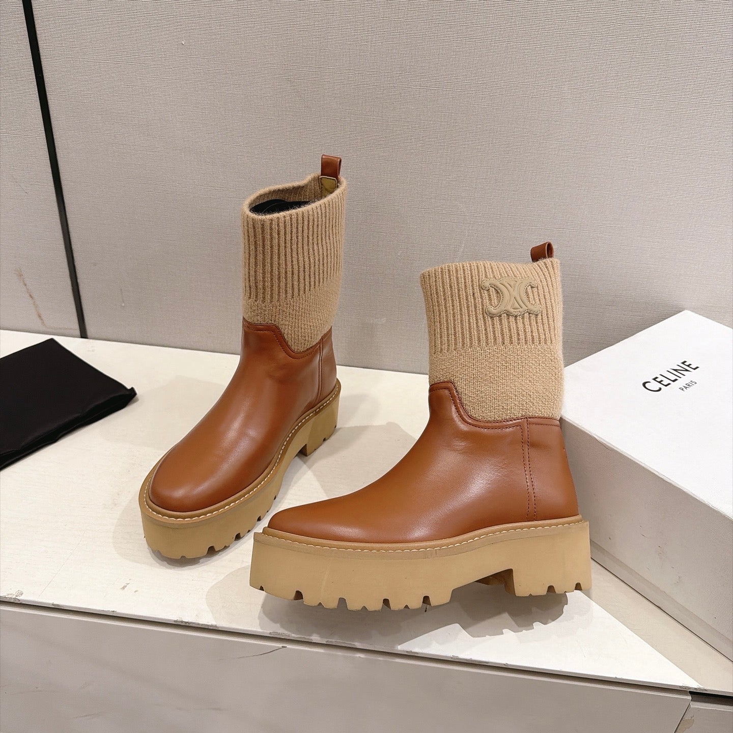 Celine 26s Sock Ankle Boots Brown Lambskin Cotton 101098