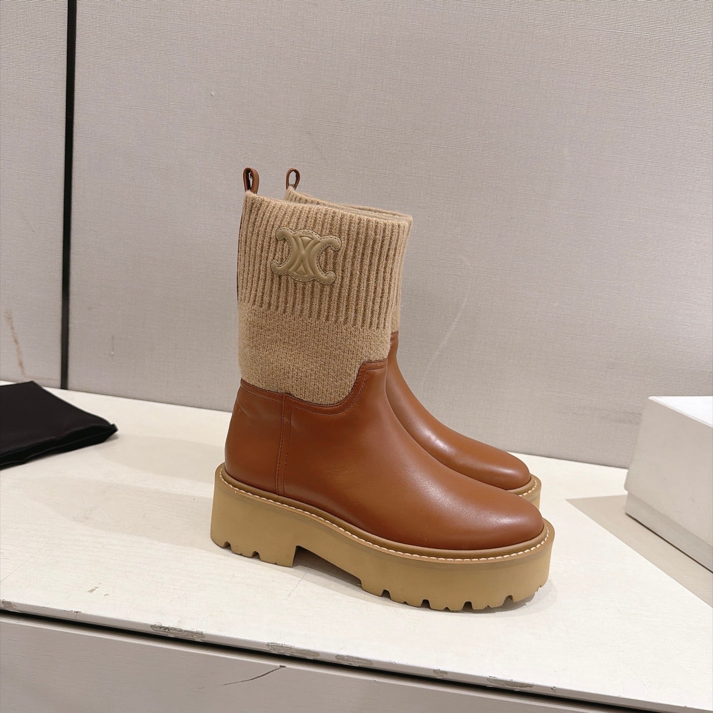 Celine 26s Sock Ankle Boots Brown Lambskin Cotton 101098
