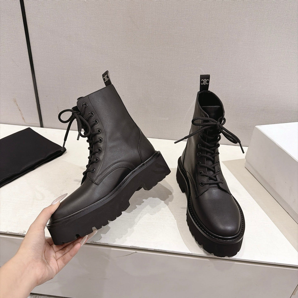 Celine Bulky Boots 4.5cm Black Leather 168180