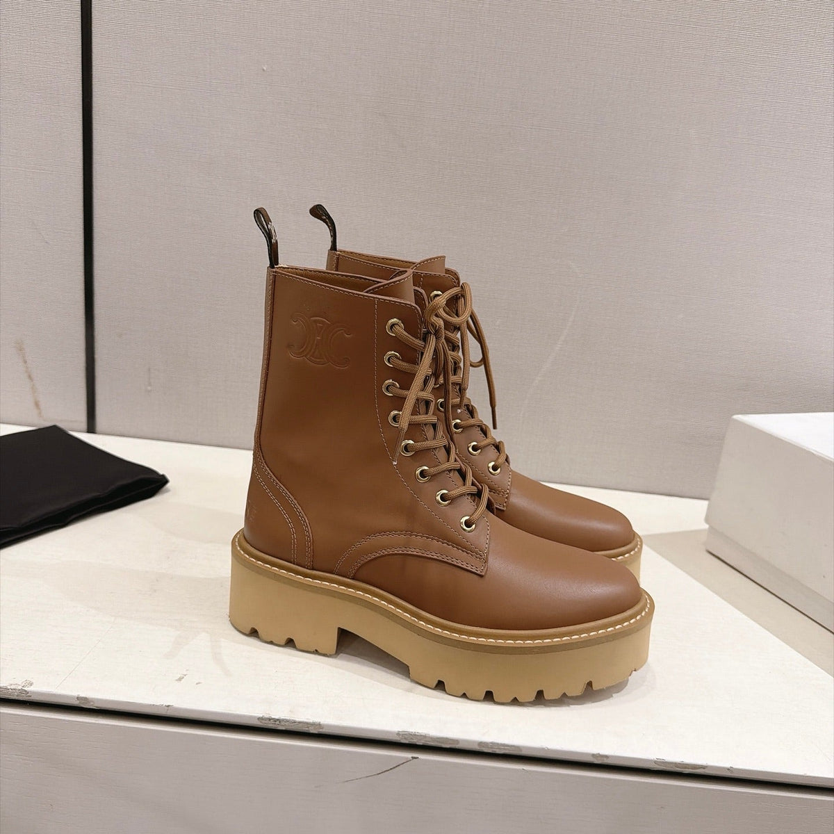 Celine Bulky Boots 4.5cm Tan Leather 168181